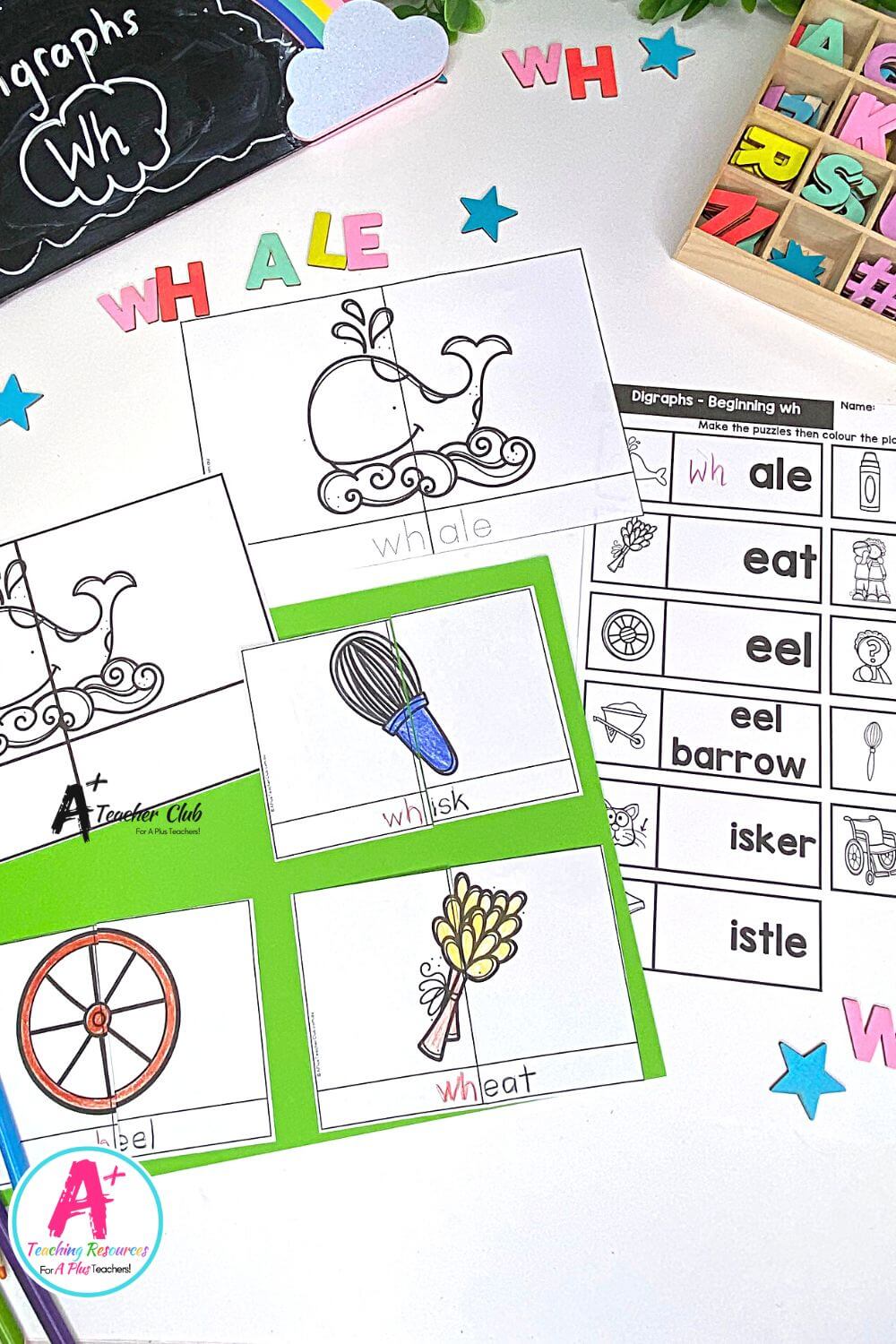 Initial wh Digraph Activities 2 Piece B&W Puzzles