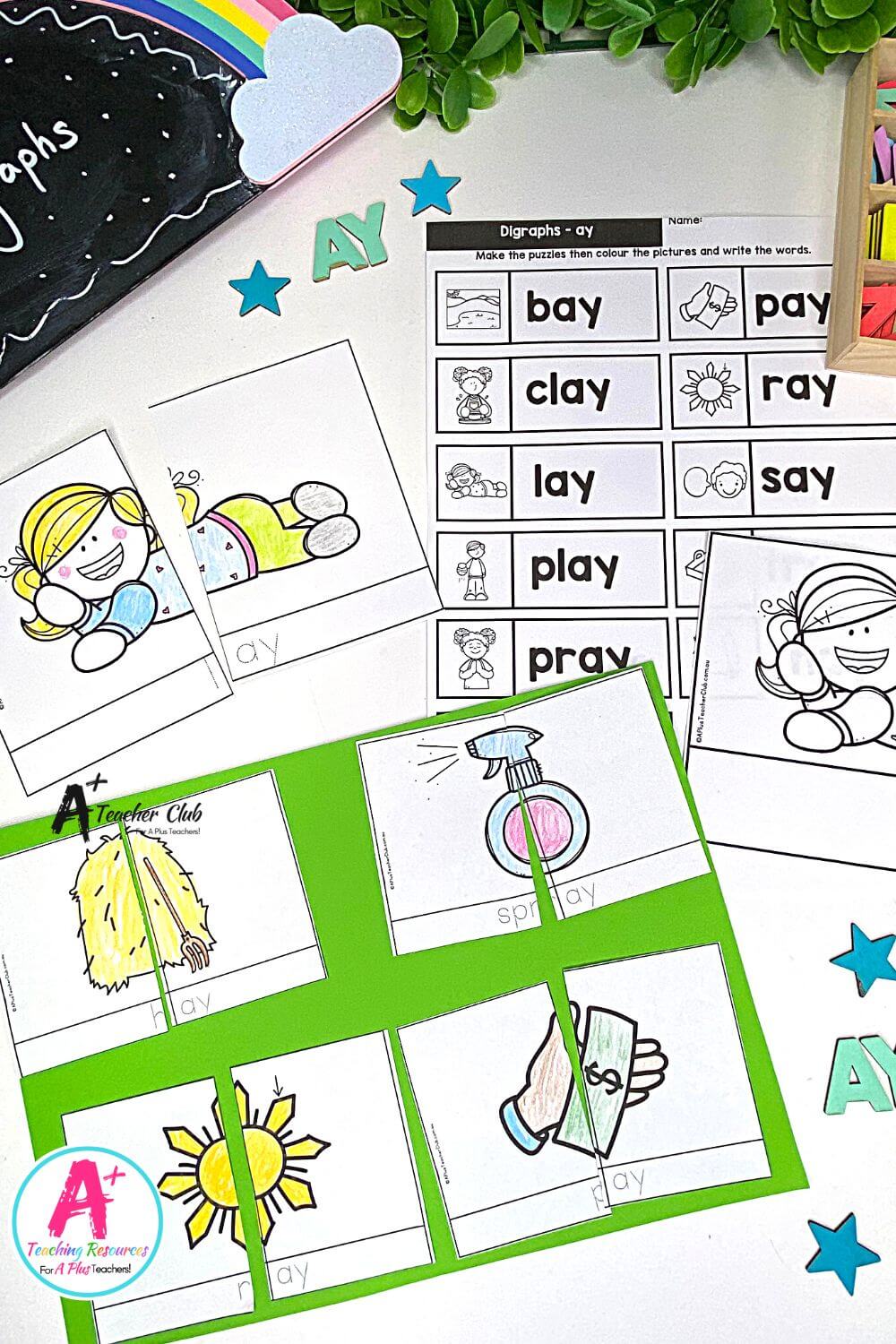 ay Vowel Digraph Activities B&W 2 Piece Puzzles