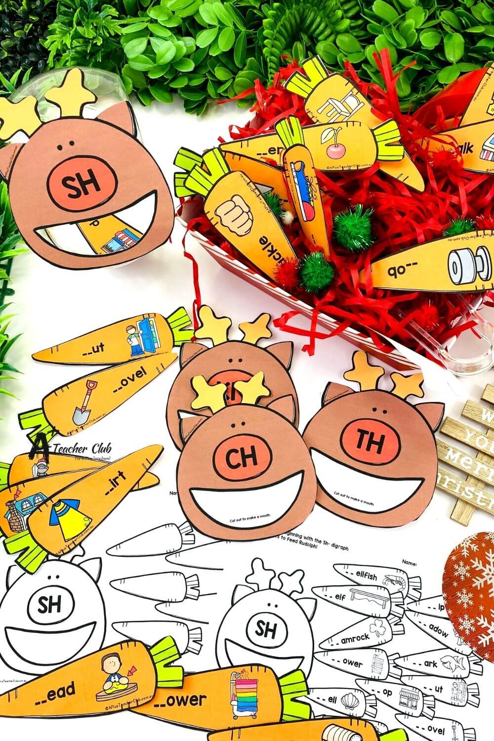 Christmas Literacy Reindeer Feed Me Digraph Sorting (sh, ch, kn, th, wh, wr, ph, qu)