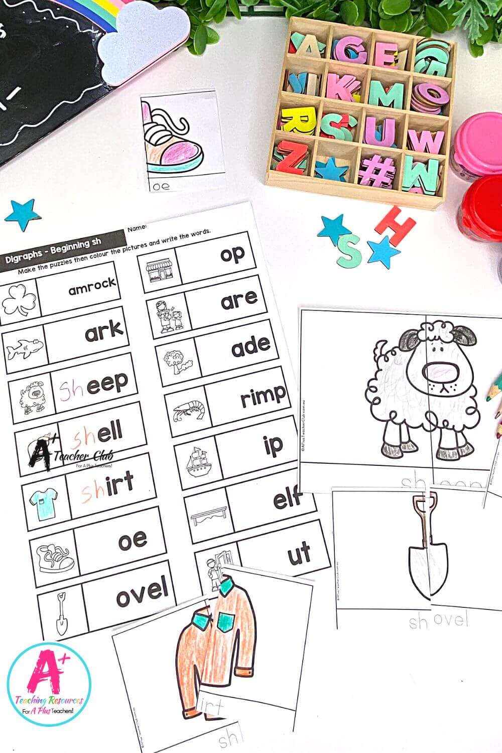 Initial sh Digraph Activities 2 Piece B&W Puzzles