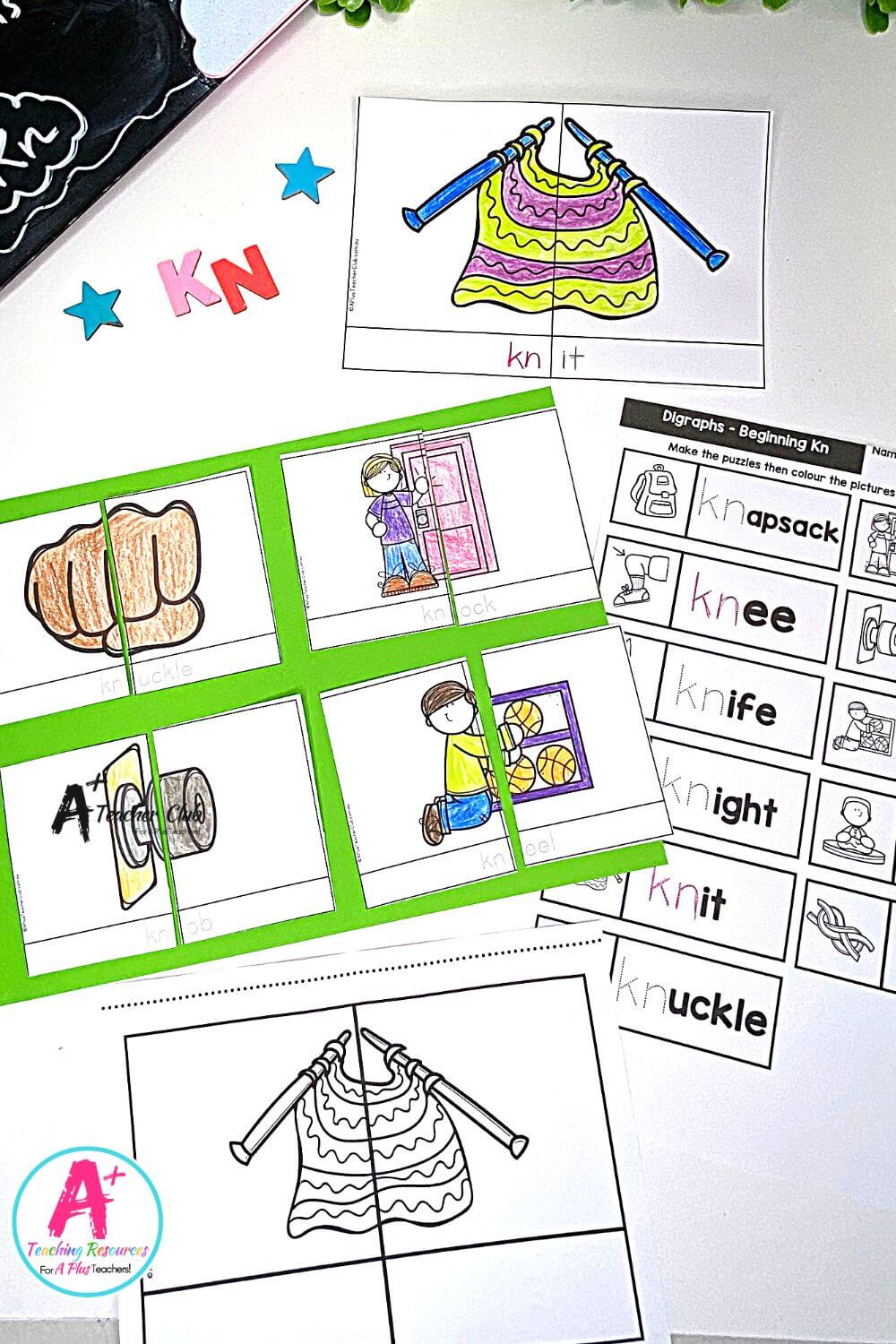 Initial kn Digraph Activities 2 Piece B&W Puzzles