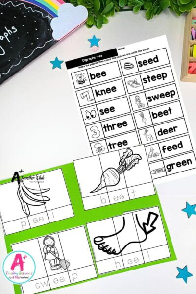 ee Vowel Digraph Activities B&W 3 Piece Puzzles