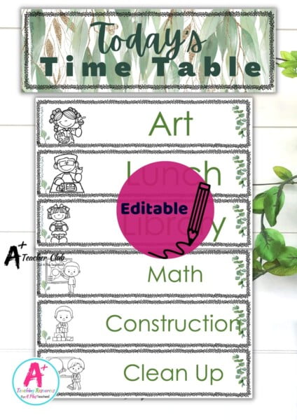 Eucalyptus Classroom Oragniation Daily Schedule (No Clocks) Editable