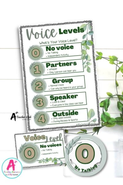 Eucalyptus Classroom Organization Voice Levels Posters