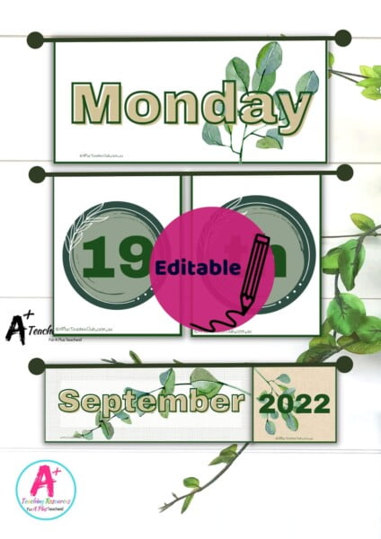 Eucalyptus Classroom Organization Flip Calendar Editable