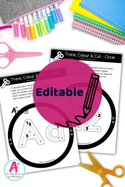 EDITABLE Fine Motor- Cutting Skills - Shapes - Circle - Letters a-z