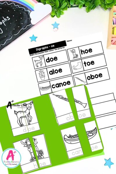 oe Vowel Digraph Activities B&W 2 Piece Puzzles