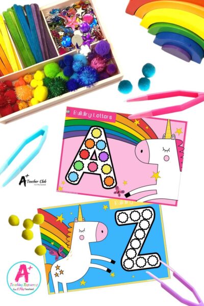 Fine Motor Pom Poms Build Upper Case Letters – Unicorns